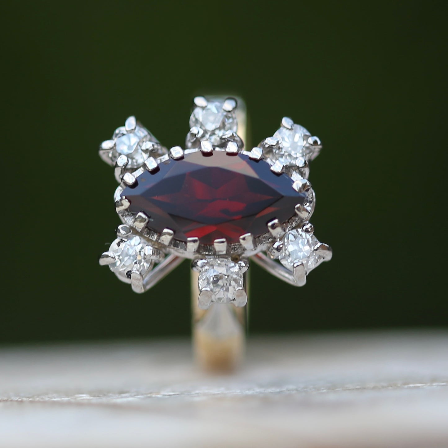 Viking feel Marquise Garnet With 6 Transitional Cut Diamonds, 18ct White and Yellow Gold, size N1/2 or 7