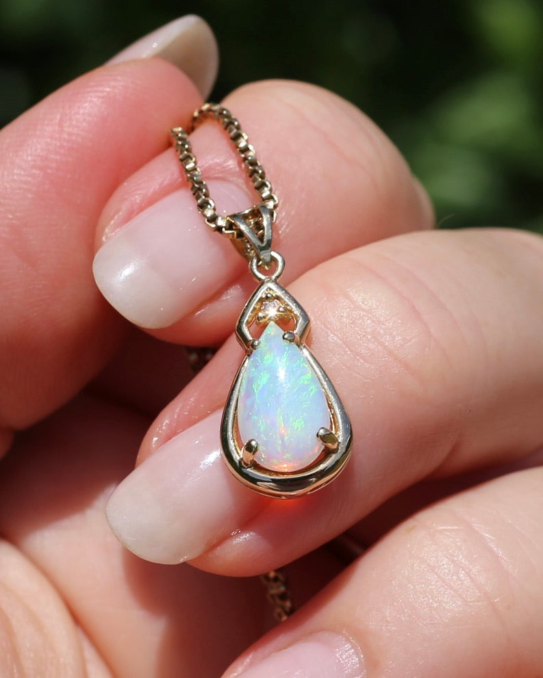 Pear Crystal Opal and Diamond Pendant, 10ct Yellow Gold, 1.5g