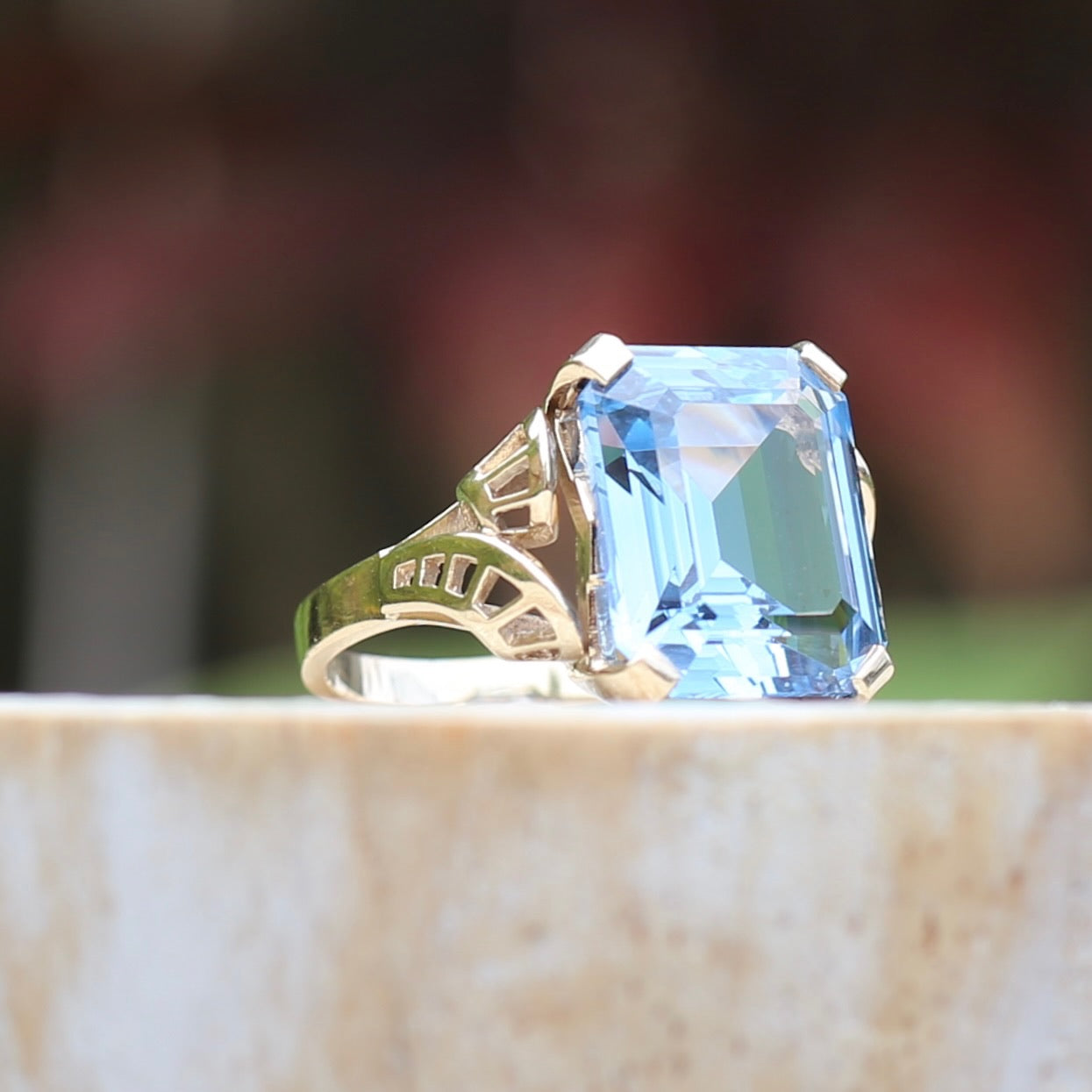 Mid Century Emerald Cut Blue Spinel Cocktail Ring, size N1/2 or 6.75