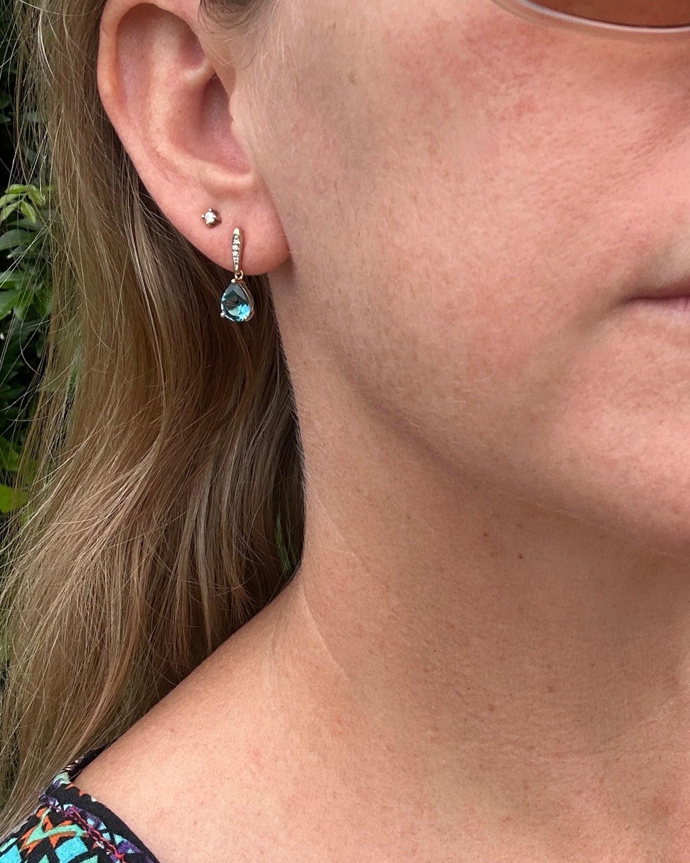 Pear Cut London Blue Topaz Earrings on Illusion Diamond Set Stud Posts, 9ct Yellow Gold, 14ct YG butterflies, 1.87g