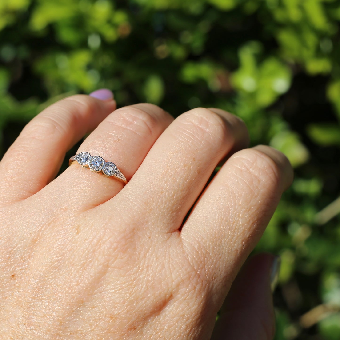 1930s Old and Transitional Cut Diamond Trilogy, 18ct Yellow and White Gold, size N or 6.75