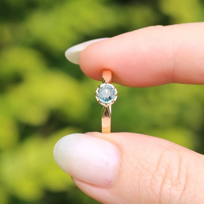 Seafoam Sapphire Solitaire in 8 Claw Setting, 9ct Yellow Gold, size L or just under 5.5