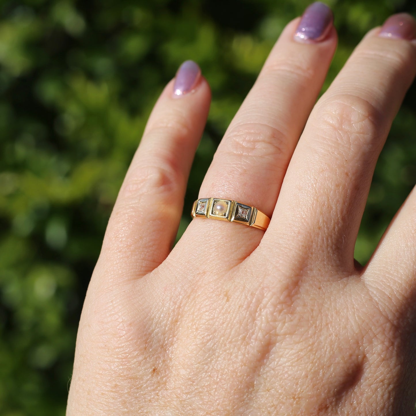 Antique Pearl and Old Cut Diamond Set Trilogy Ring, 18ct Yellow Gold, size N1/2 or 7