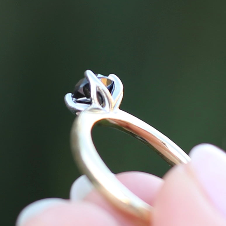 Australian Made Black Diamond Solitaire, 4 Claw White Gold, 9ct Yellow Gold Chunky Shank, size O or 7.25