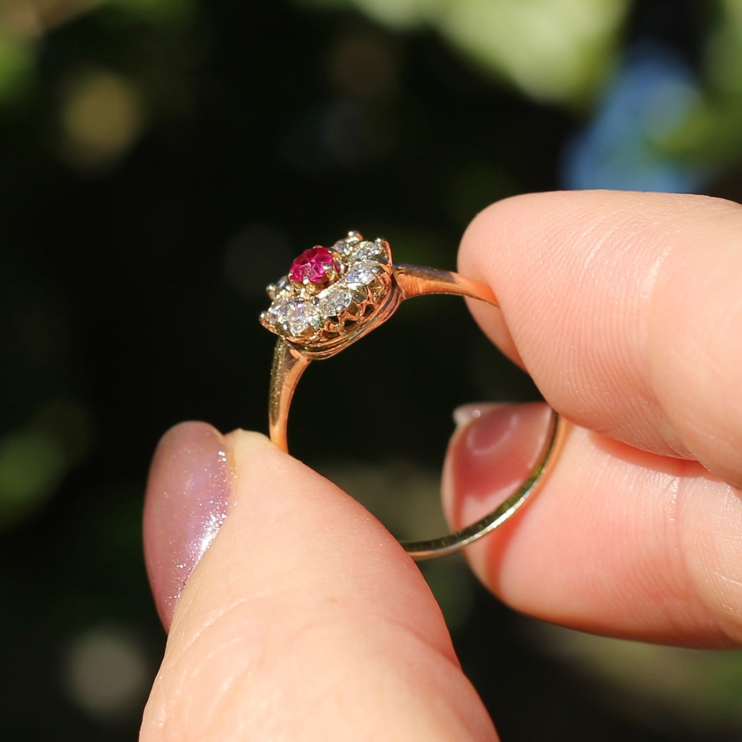 Antique Ruby and Old Cut Diamond Cluster, 15ct Yellow Gold, size O or 7.25 with valuation