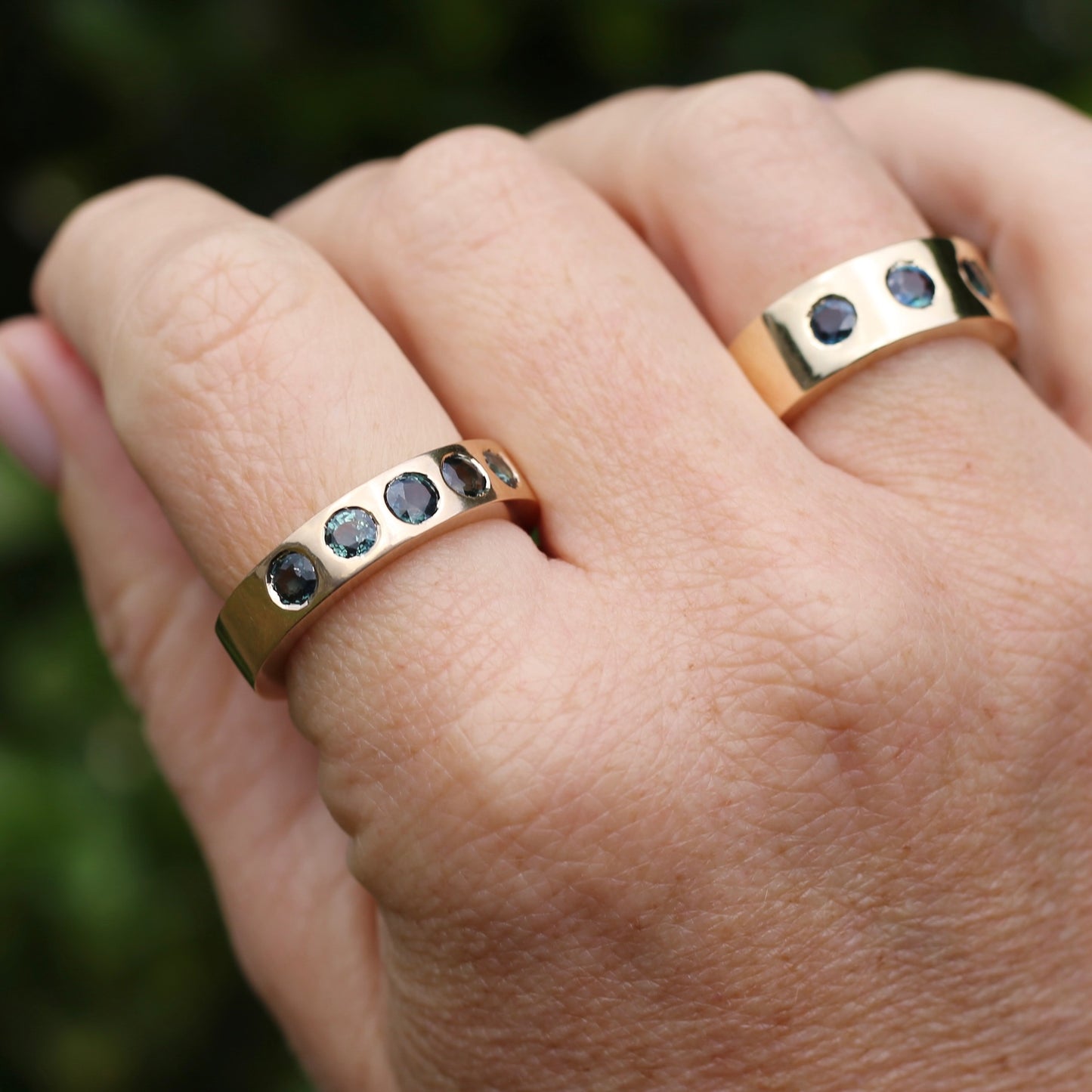 Custom Reclaimed Gold Chunky 9ct Rings with 4mm Parti Sapphires