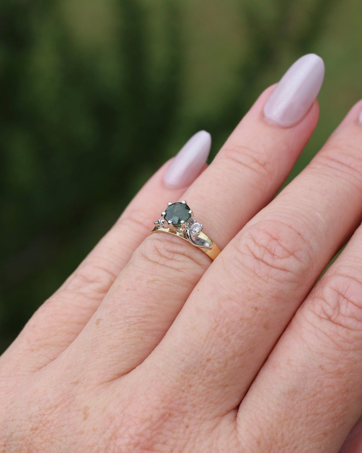 1ct Natural Green Sapphire Ring with White Spinel Side Stones, Silver and 9ct Yellow Gold, size M or 6.25, 2.1g
