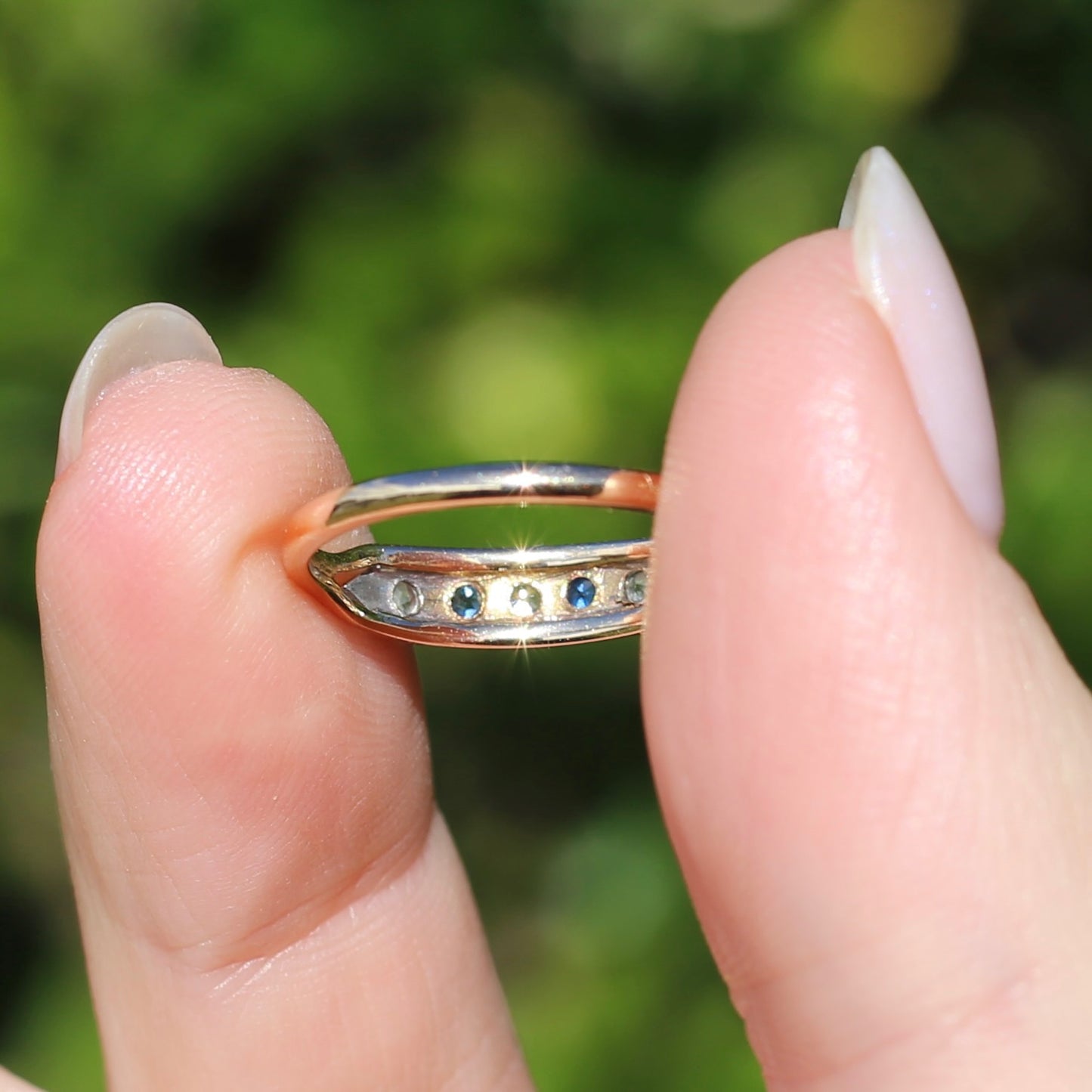 1930s 15ct Gold and Platinum 5 Stone Spinel Ring, 15ct Yellow Gold & Platinum, size M1/2 or 6.5