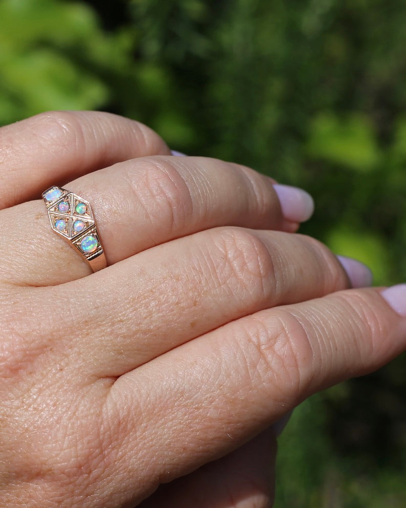 Outstanding Opals in Birmingham Made Rose Gold Shield Faced Ring, 9ct Rose Gold, size Q or 8.25, 2.57g