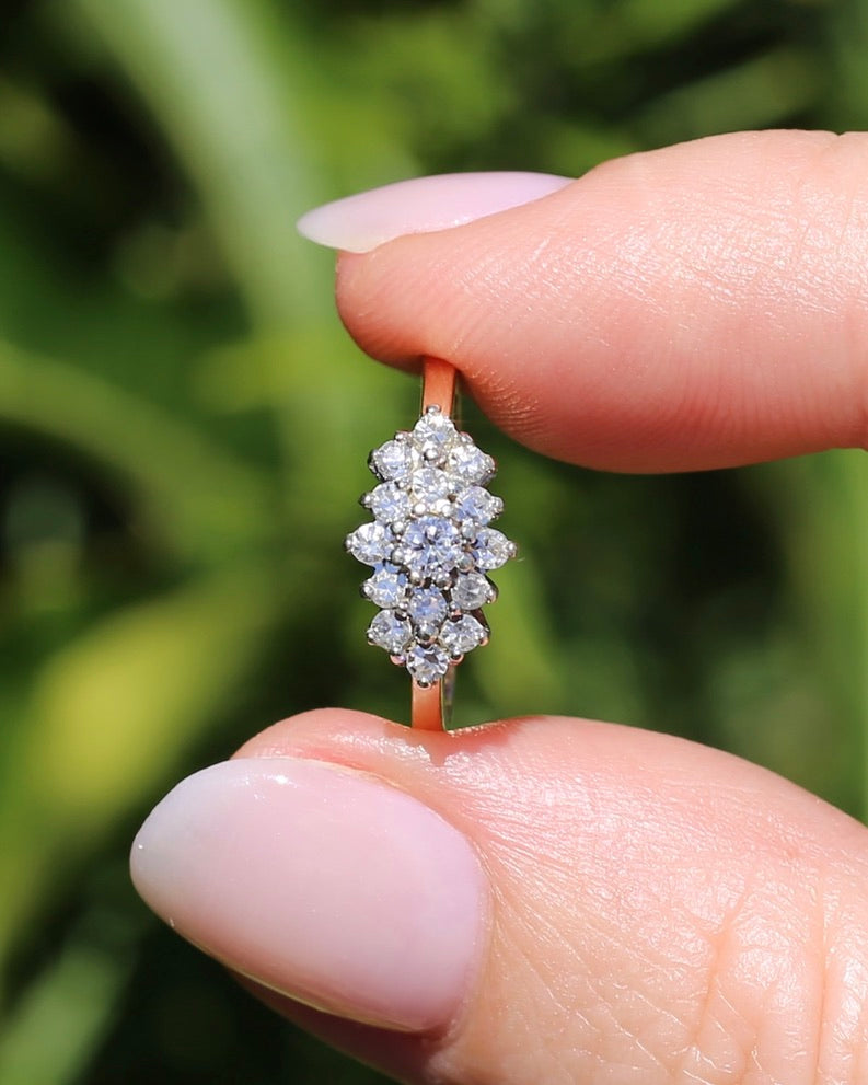 1991 London Made Diamond Cluster Ring, 9ct Yellow and White Gold, size J or 4.75, 2.2g