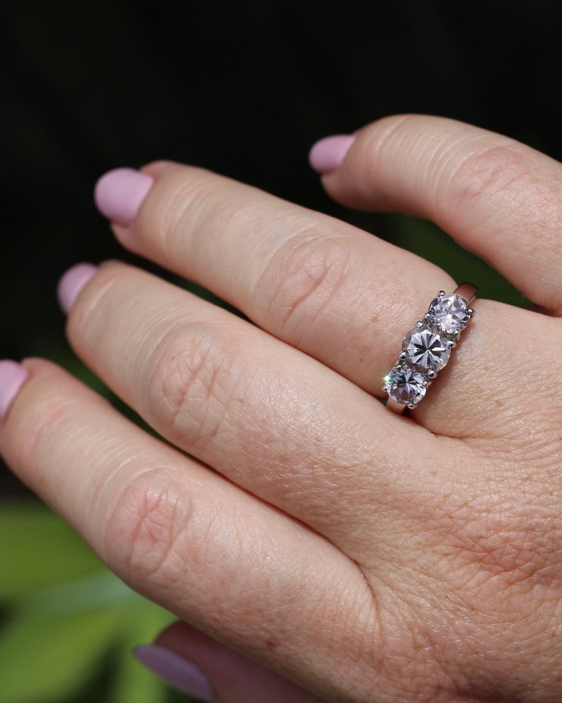 3.7ct Pale Pink Australian Zircon Trilogy Ring, 10ct and 18ct White Gold, size O or just over 7, 3.72g