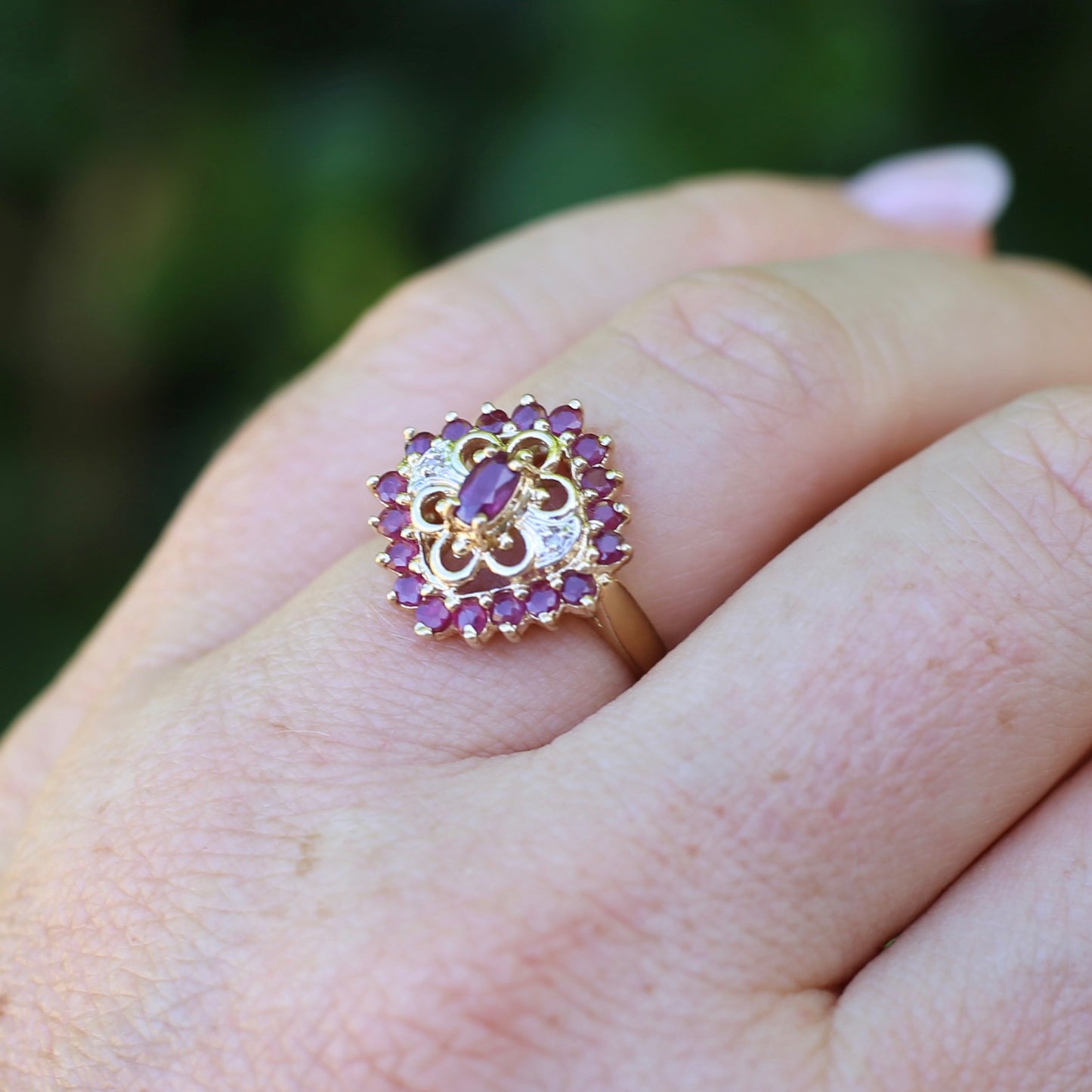 Ruby and Diamond Filigree 14ct Yellow Gold Ring, size M or just under 6.5