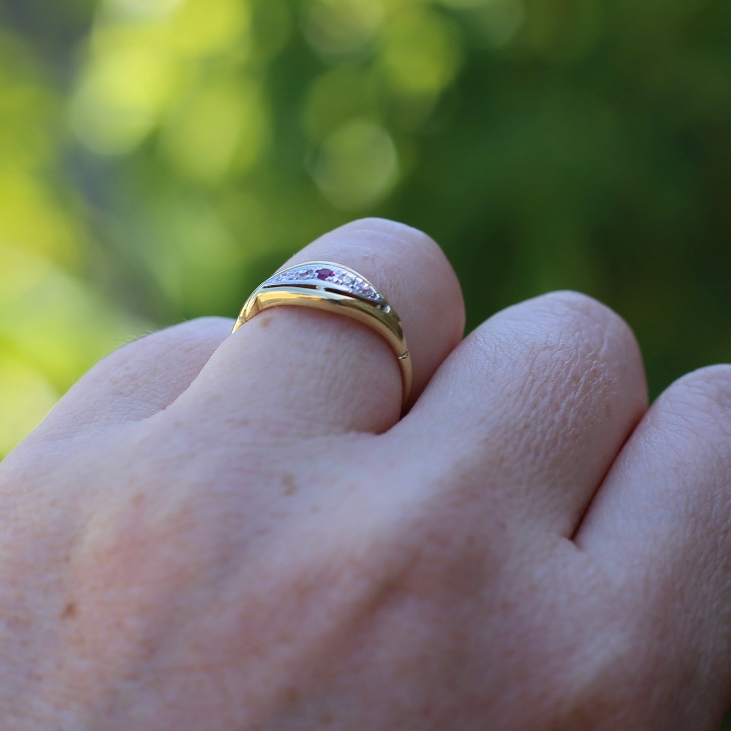 Antique Boat Ring with Four Old Cut Diamonds and an Old Cut Pink Topaz, 18ct Yellow and White Gold, size 7 or N1/2