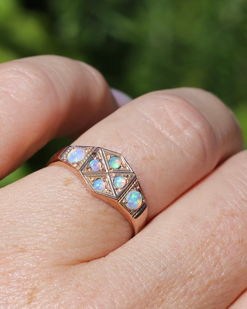 Outstanding Opals in Birmingham Made Rose Gold Shield Faced Ring, 9ct Rose Gold, size Q or 8.25, 2.57g