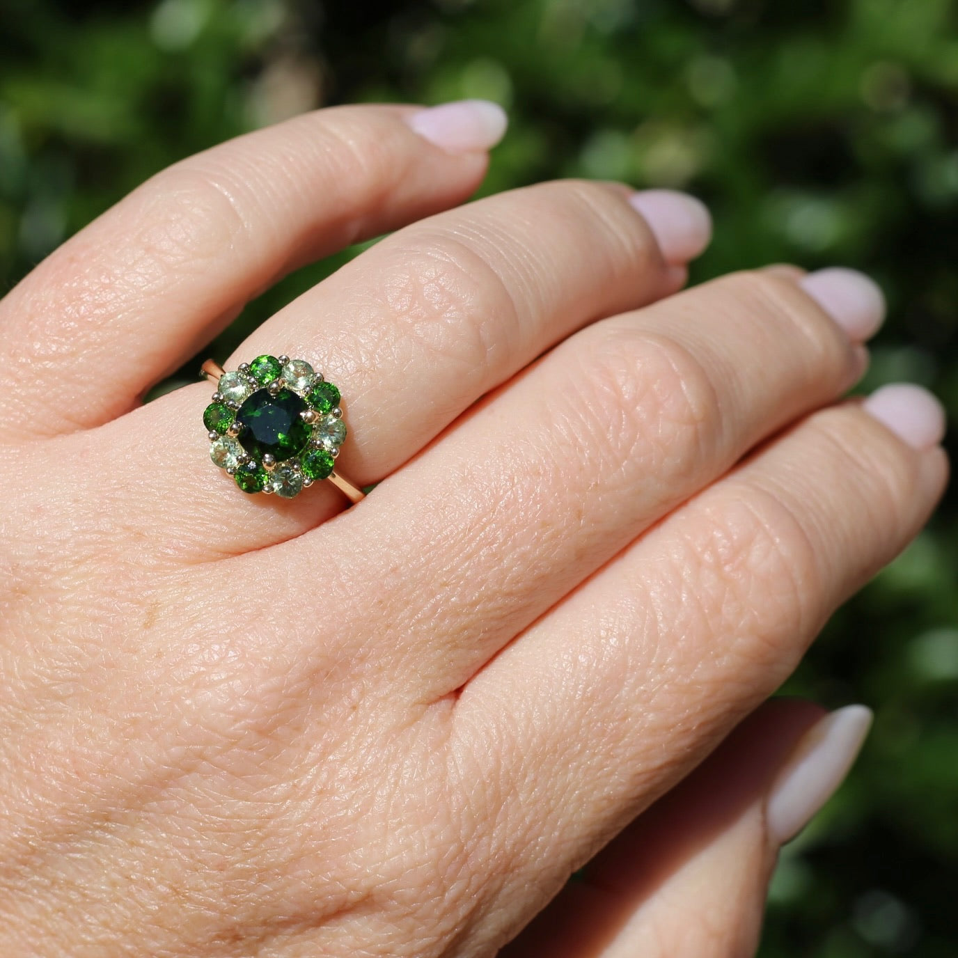 Chrome Diopside and Green Garnet Daisy Cluster Ring, 9ct Yellow Gold, size N1/2 or 7