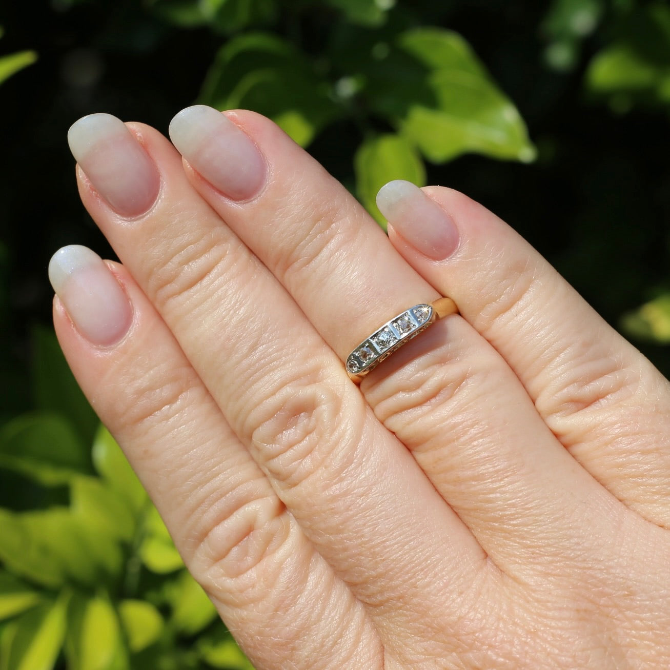 1930s Old Cut 5 Stone Diamond Ring, Platinum and 18ct Yellow Gold, size L or 5.75