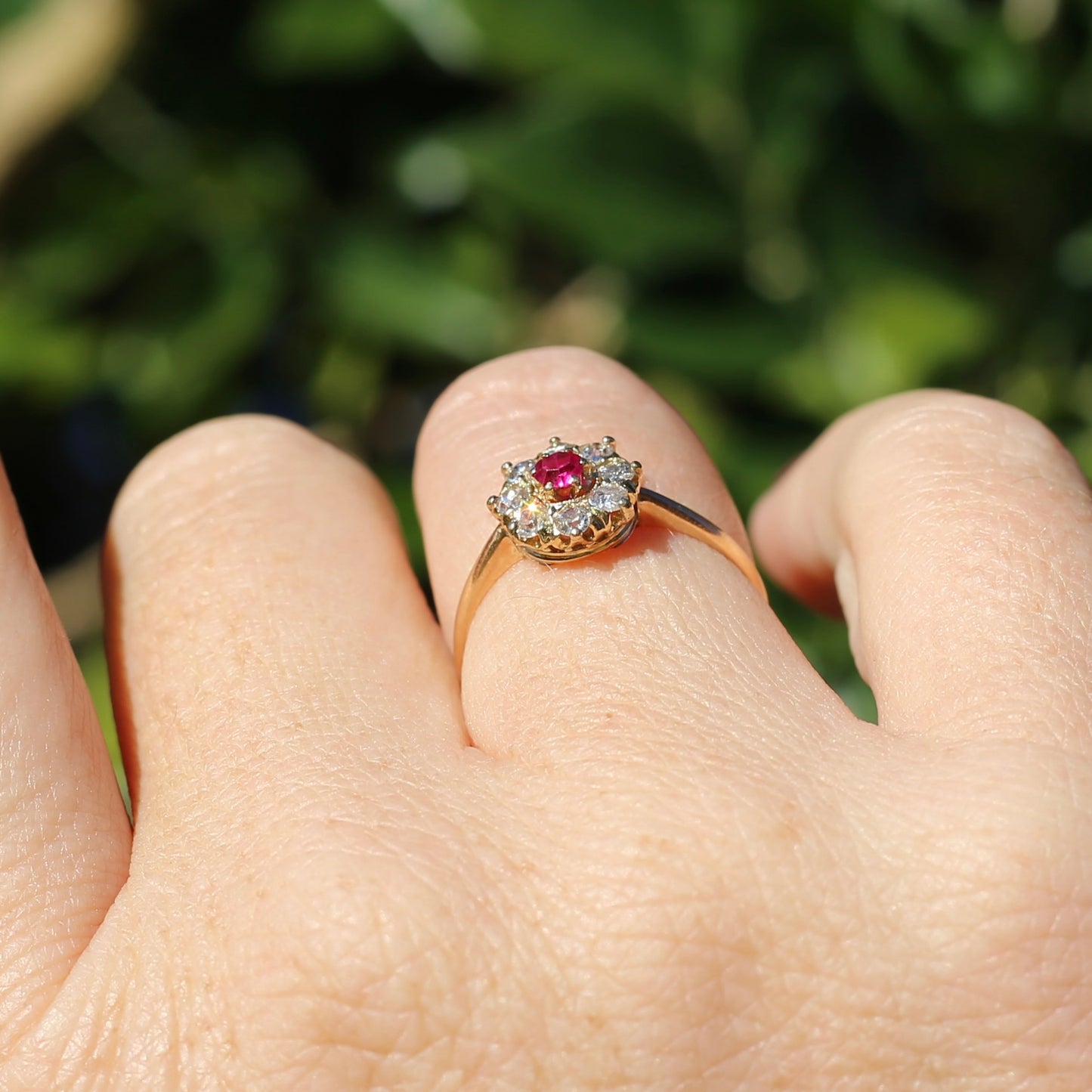 Antique Ruby and Old Cut Diamond Cluster, 15ct Yellow Gold, size O or 7.25 with valuation