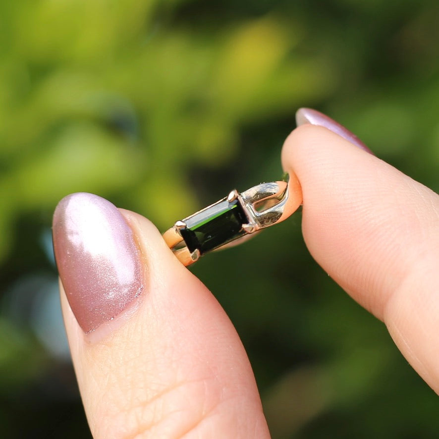 East West Set Emerald Cut Dark Green Natural Tourmaline Ring, 9ct Yellow Gold, size L or 5.75