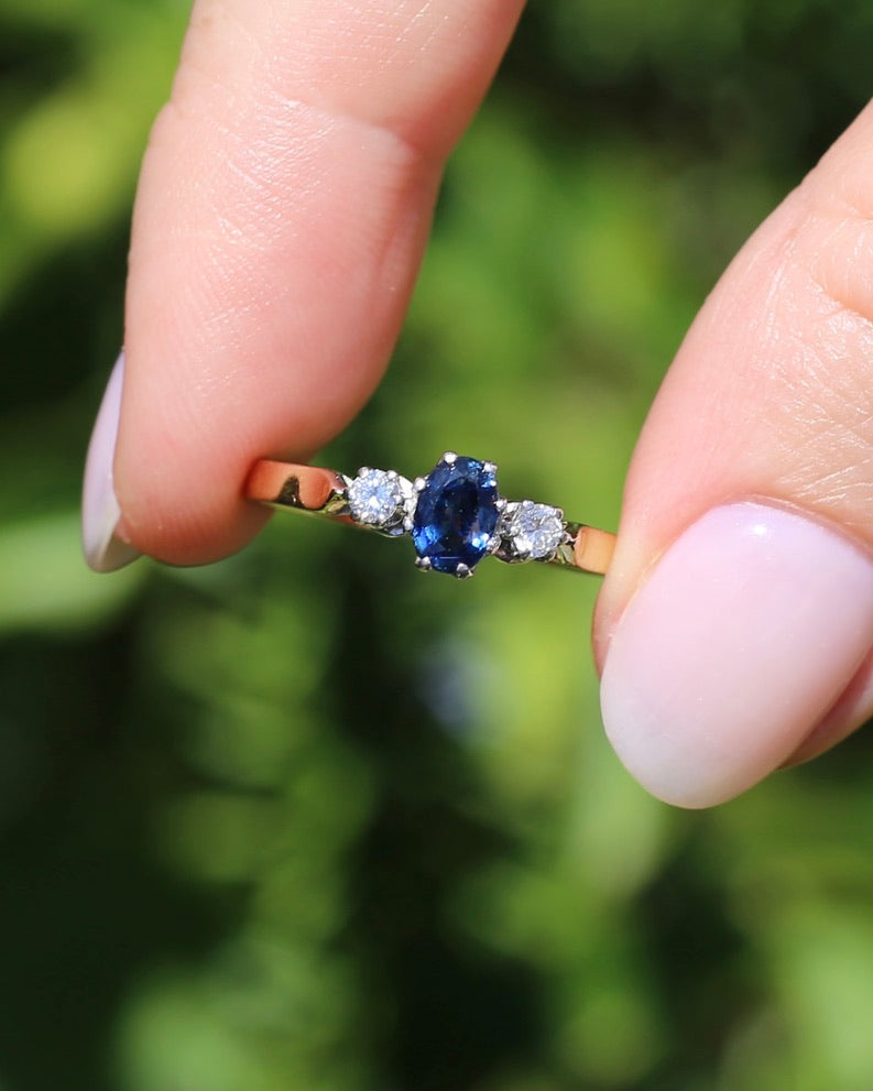 Sapphire and Diamond Trilogy, 9ct Yellow Gold and Palladium, size P or 7.75, 2.32g