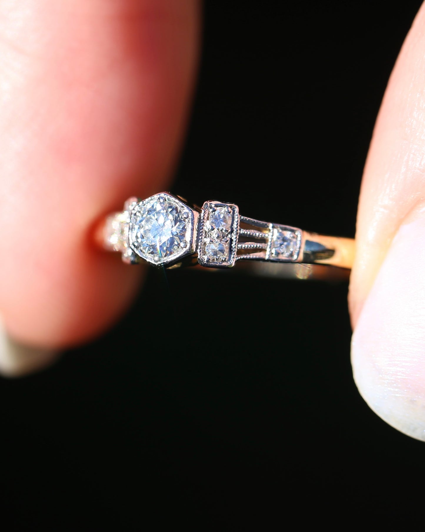 Hexagonal Grain Semi Modern Cut Diamond and Single Cut Diamond Shoulders Ring, 18ct White and Yellow Gold, size P1/2 or 8, 2.58g, with valuation
