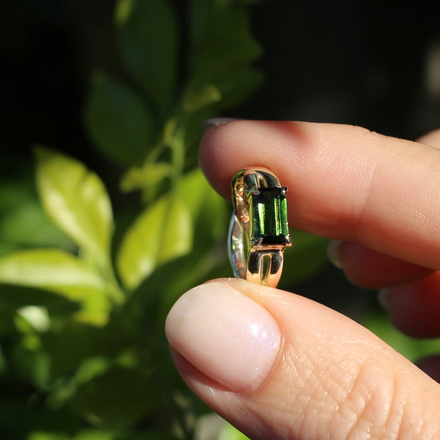 East West Set Emerald Cut Dark Green Natural Tourmaline Ring, 9ct Yellow Gold, size L or 5.75