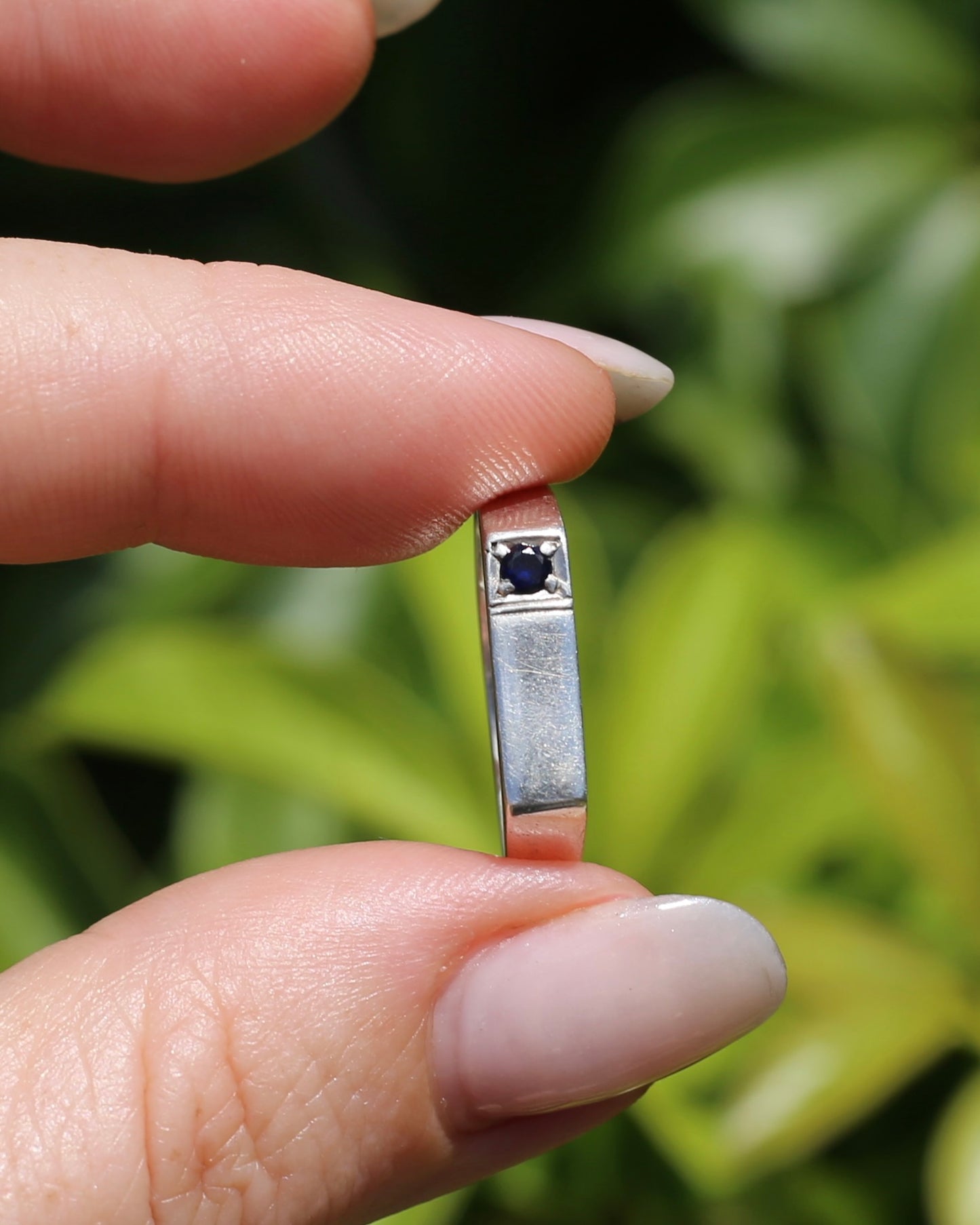 Narrow Silver Signet Ring with Sapphire, Sterling Silver, size 10.5 or V, 3.9g