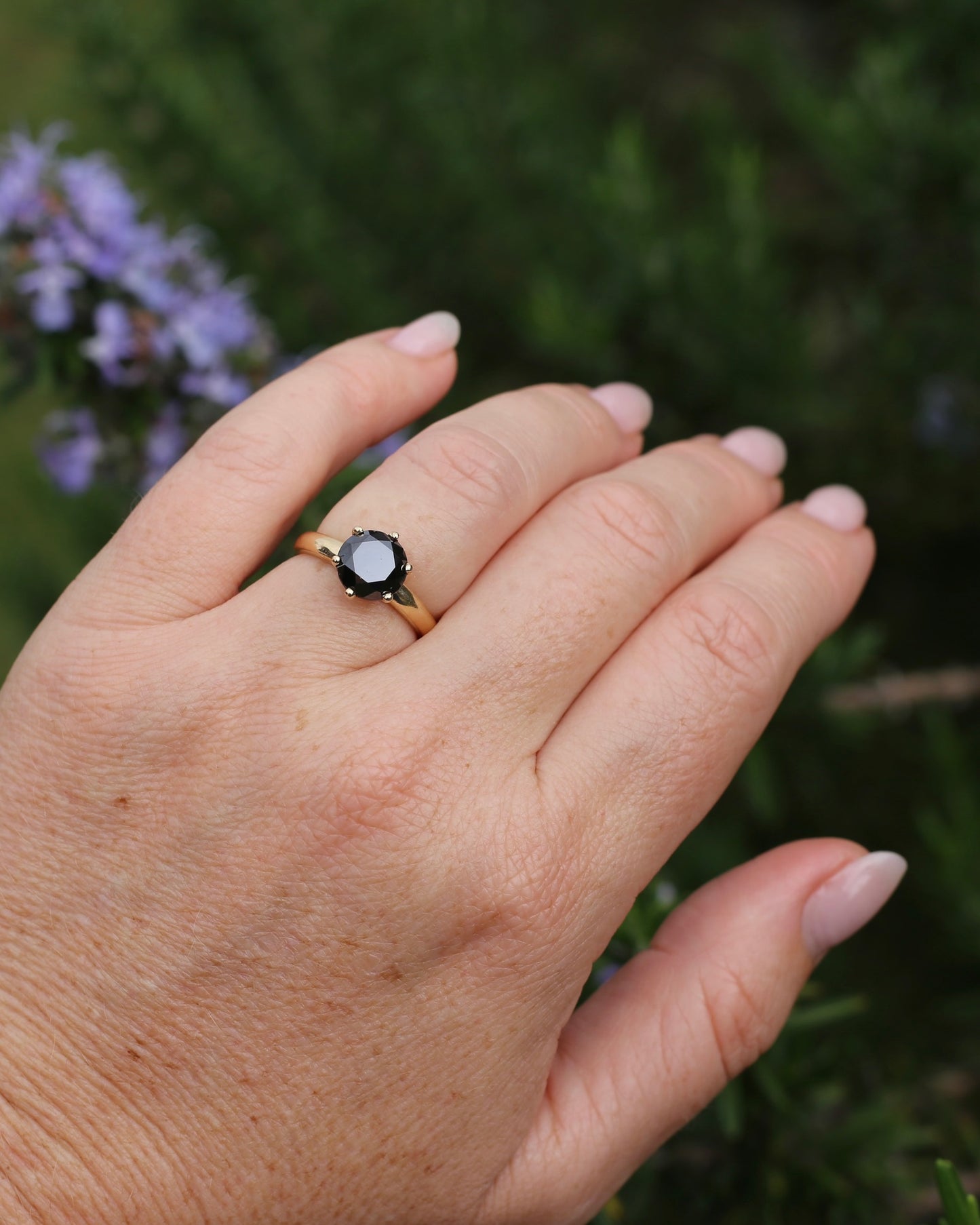 Black Moissanite Solitaire, 6 claw set 14ct Yellow Gold, size N1/2 or nearly 7, 3.63g