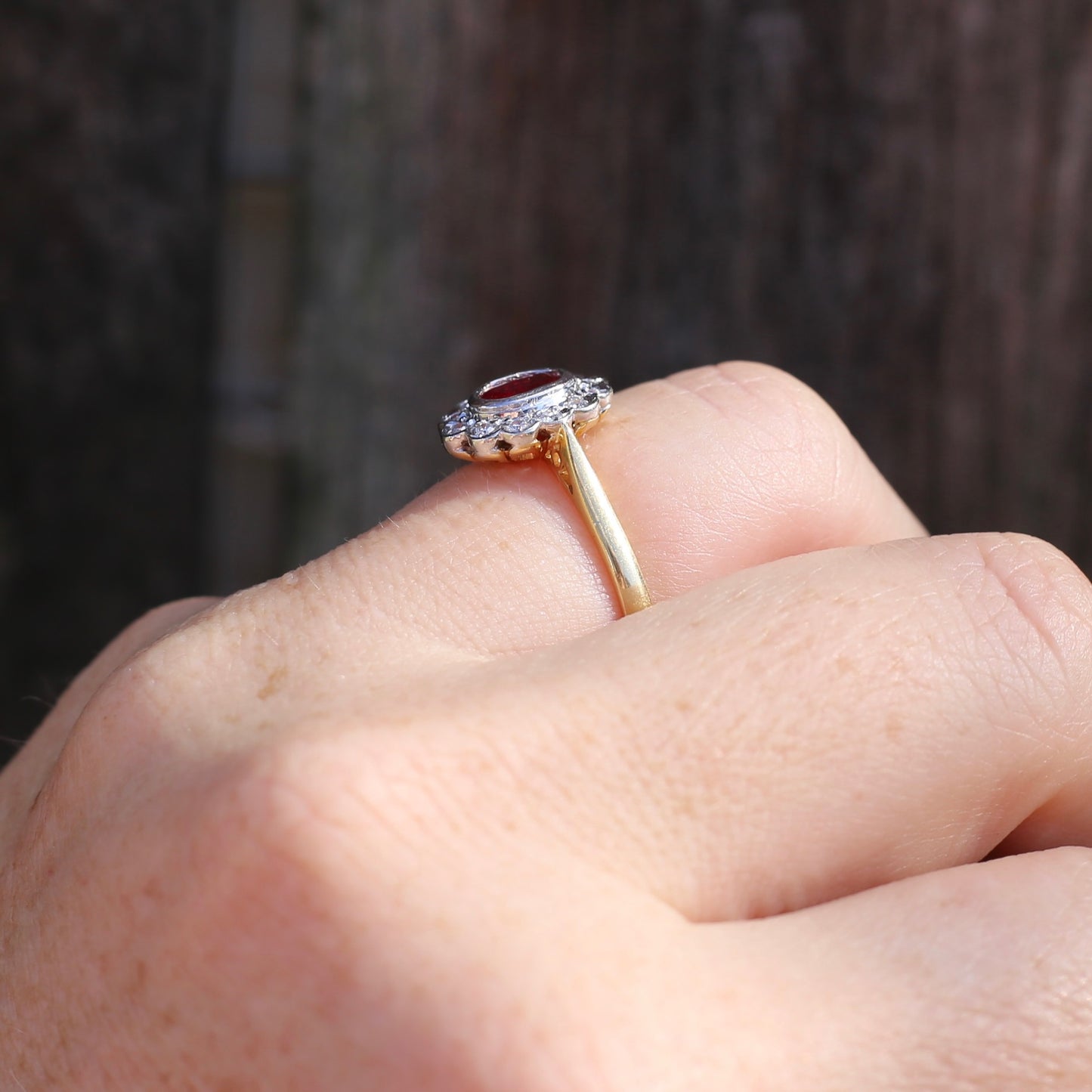 Ruby and Diamond Halo, 18ct Yellow and White Gold, size P or 7.75 with valuation