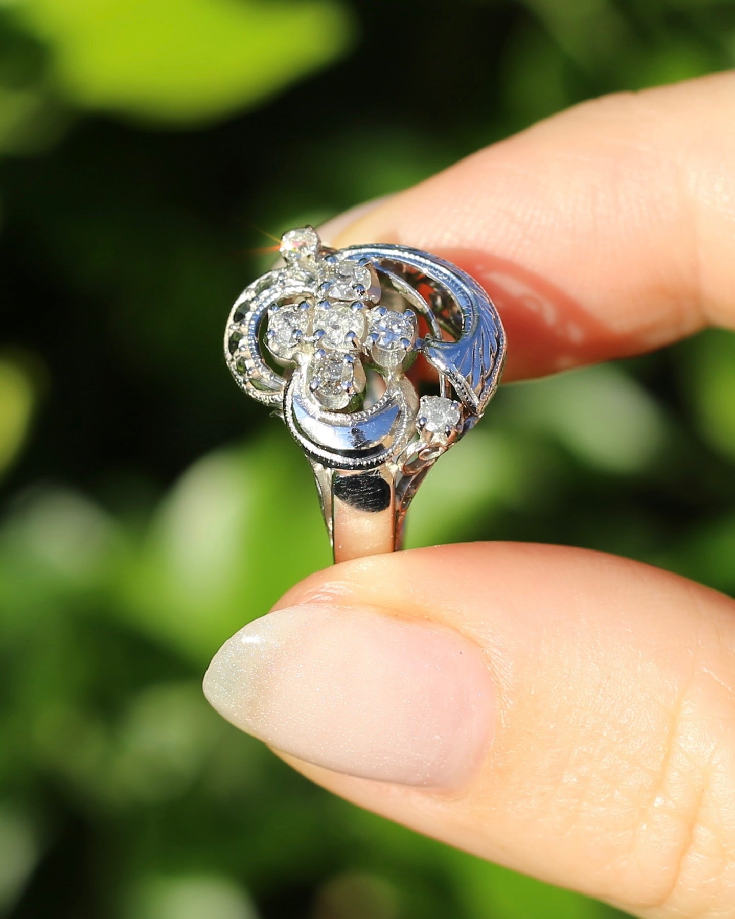 Old Cut and Early Brilliant Cluster Clover Ring, 9ct White Gold, size O or 7