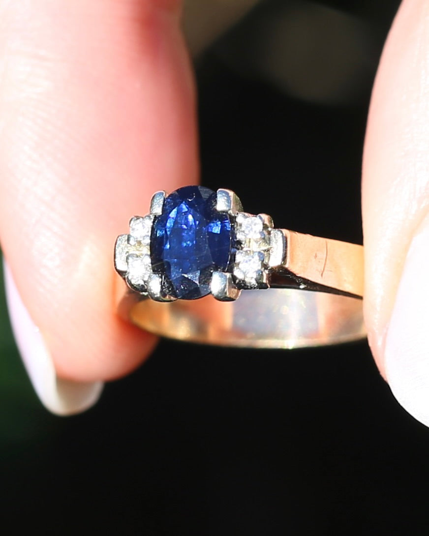 Circa 1970s Natural Sapphire and Diamond Ring, 9ct Yellow and White Gold, size M or 6.25, 4.19g