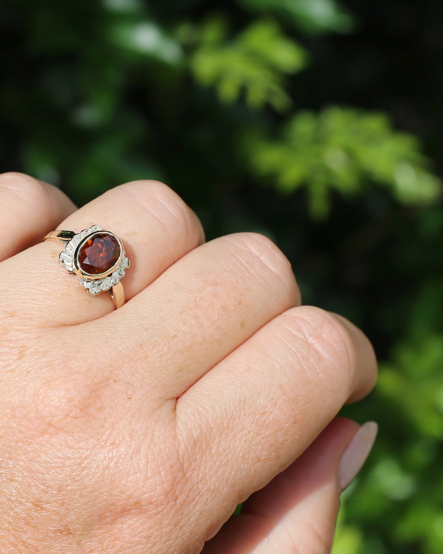 Custom Cut 3.54ct Oval Whiskey Brown Zircon, Bezel Set, 9ct Yellow Gold Birmingham Made 1994 Ring, size P or 7.75