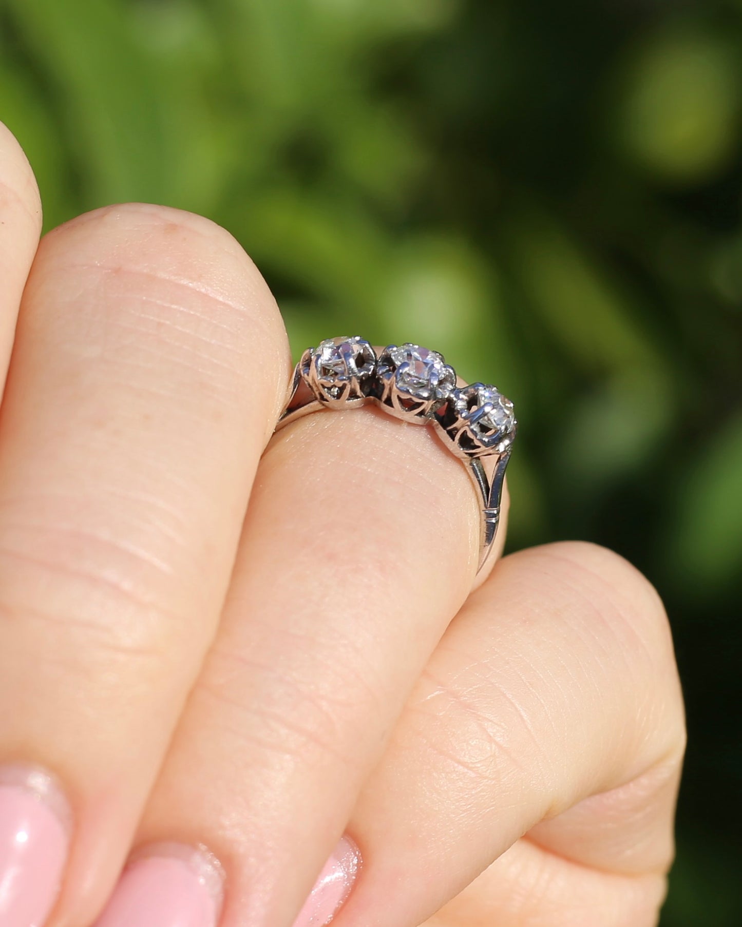 Circa 1930s Transitional Cut Diamond Trilogy with Kozibe Effect, Platinum, size L or 5.75, 2.68g, with valuation