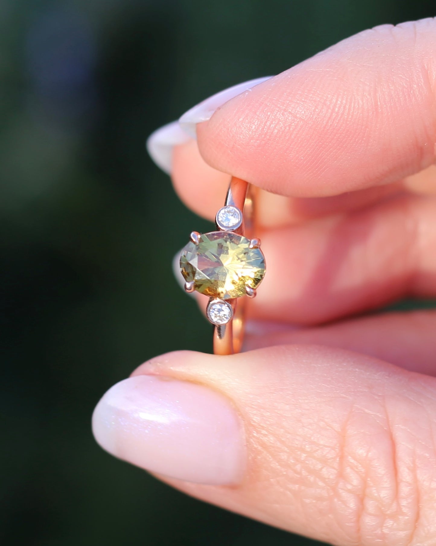 1.57ct Natural Golden Tanzanite Zoisite and Diamond Trilogy Ring, 14ct Rose Gold, size 8.75 or just over R, 3.3g, with valuation