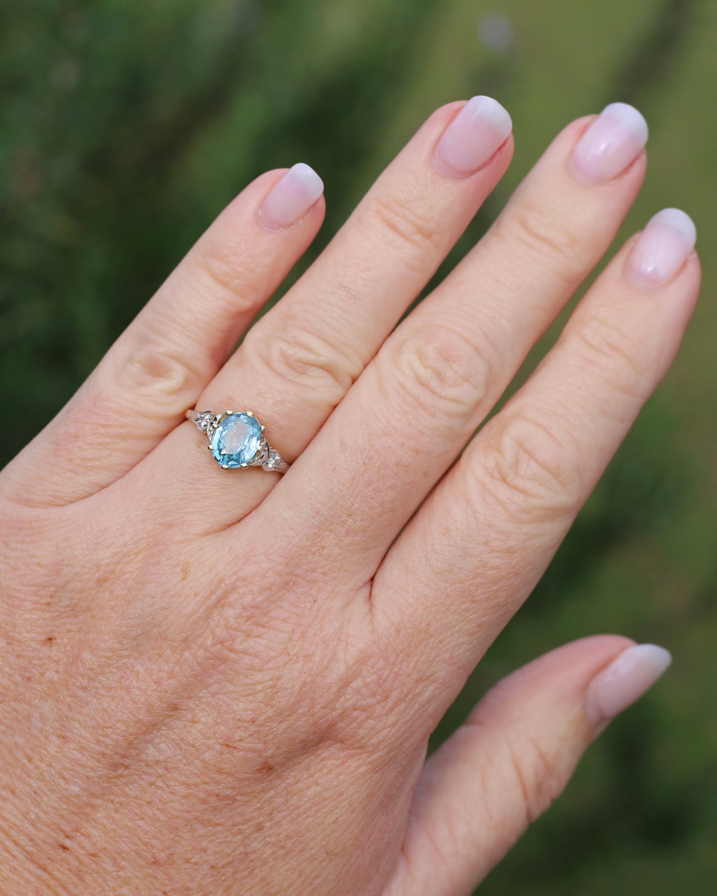 Circa 1930s Art Deco Blue Zircon and Diamond Ring, 18ct size just over M1/2 or 6.5, 2.80g