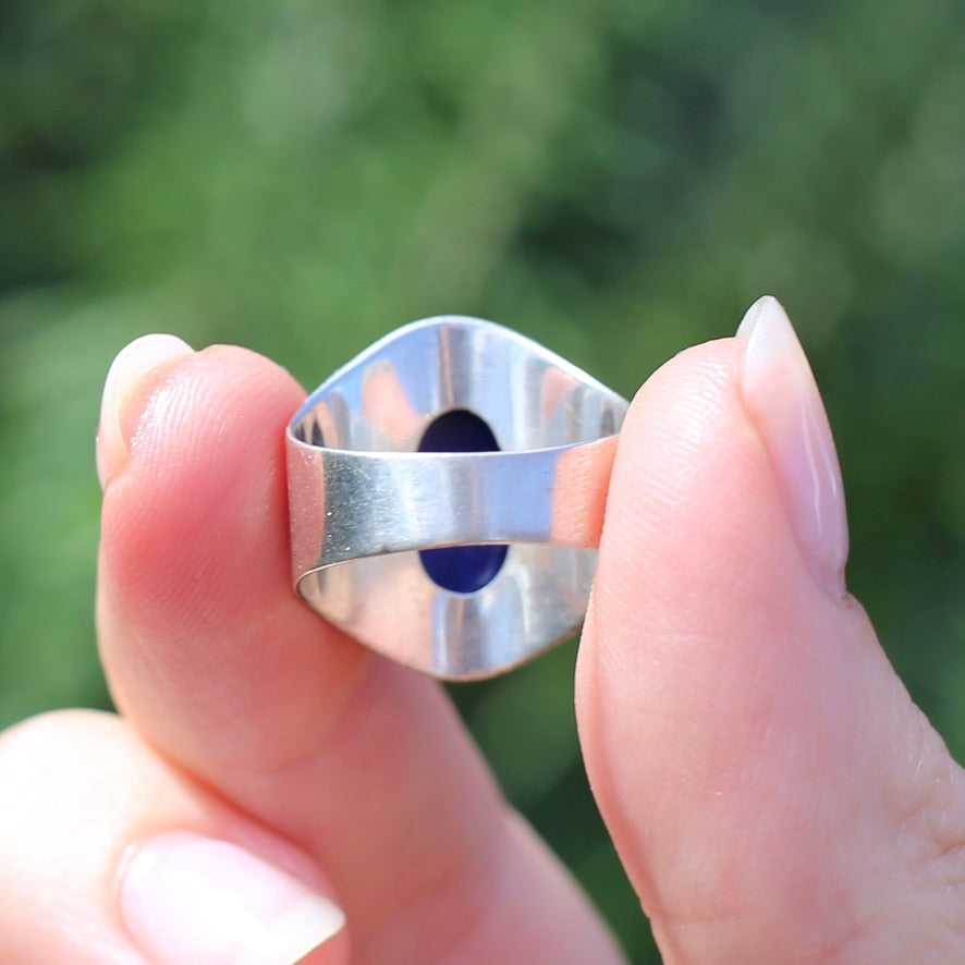 Large Lapis Cabochon in Silver Bezel Setting, size P1/2 or just under 8