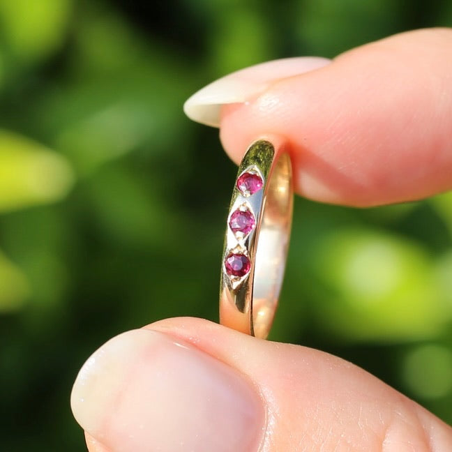 Grain Set Garnet Trilogy, 9ct Rosey Gold, size N or 6.75