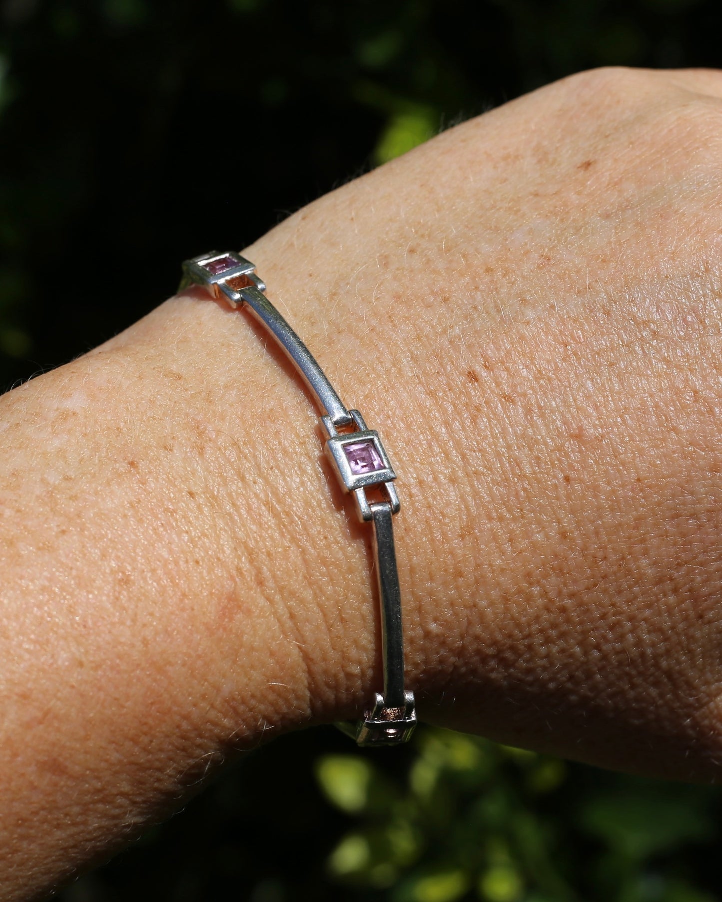 Bezel Set Amethyst Silver Bracelet with Double Safety Clasp, 12.2g