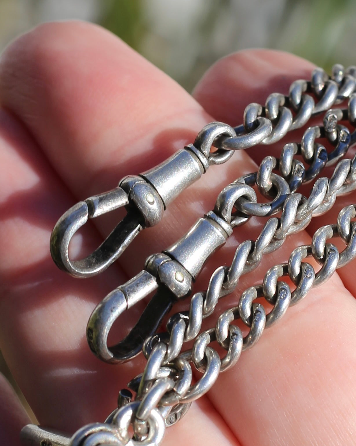 Antique 1920 Birmingham Made Double Graduated Watch Chain, Sterling Silver (and Rose Gold Face) T-Bar and Fob, 38.5cm, 53g