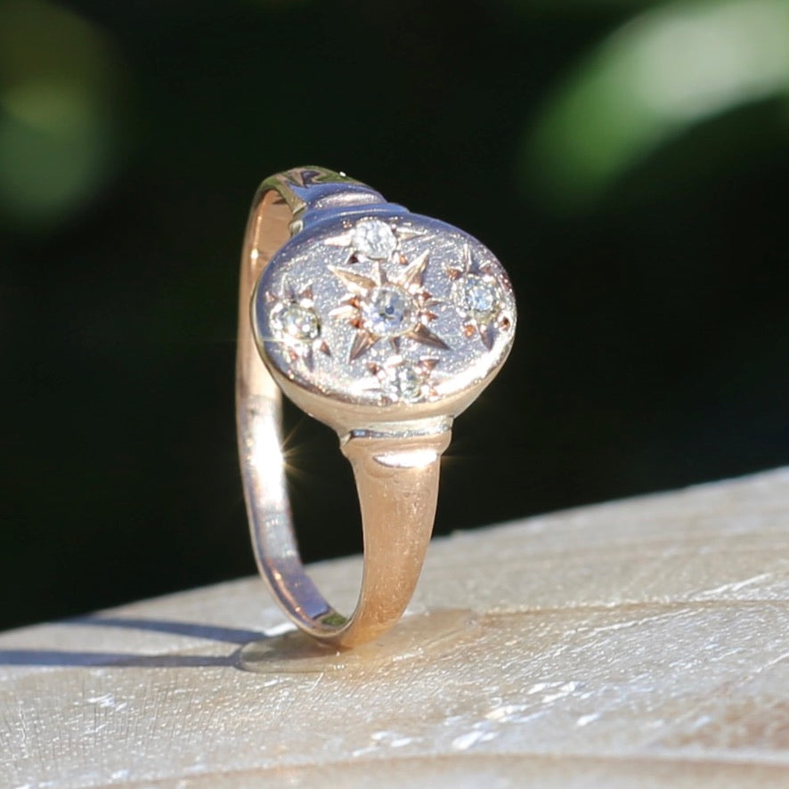 Early Australian Joseph Lawrence Signet Ring, Star Set with 5 Old Cut Diamonds, size T or 9.5