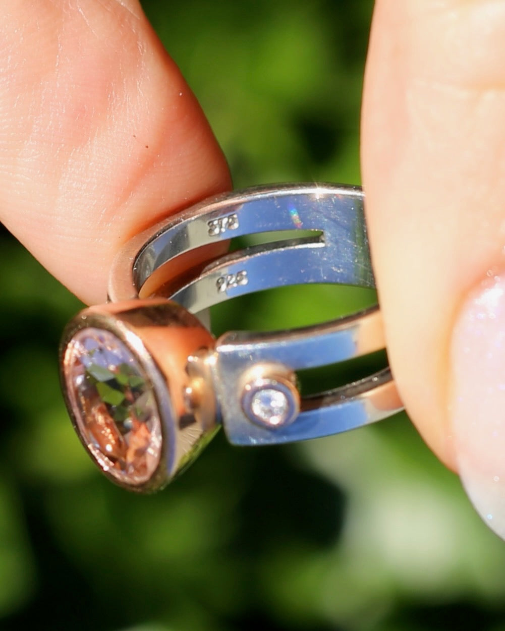 Chunky Bezel Set Morganite and Diamond Ring, 9ct Rose Gold and Silver, size P or 7.5 (fits smaller)