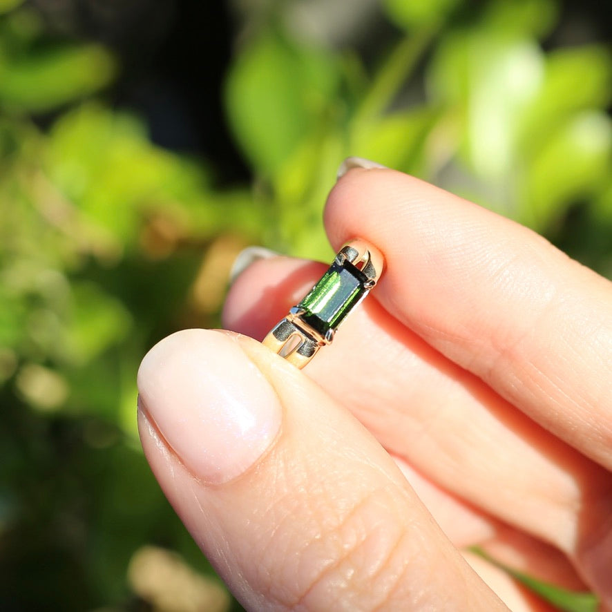 East West Set Emerald Cut Dark Green Natural Tourmaline Ring, 9ct Yellow Gold, size L or 5.75