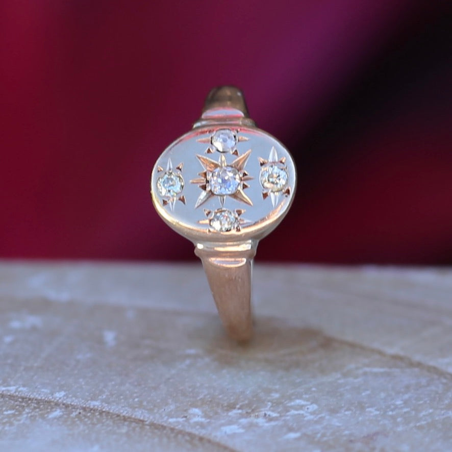 Early Australian Joseph Lawrence Signet Ring, Star Set with 5 Old Cut Diamonds, size T or 9.5