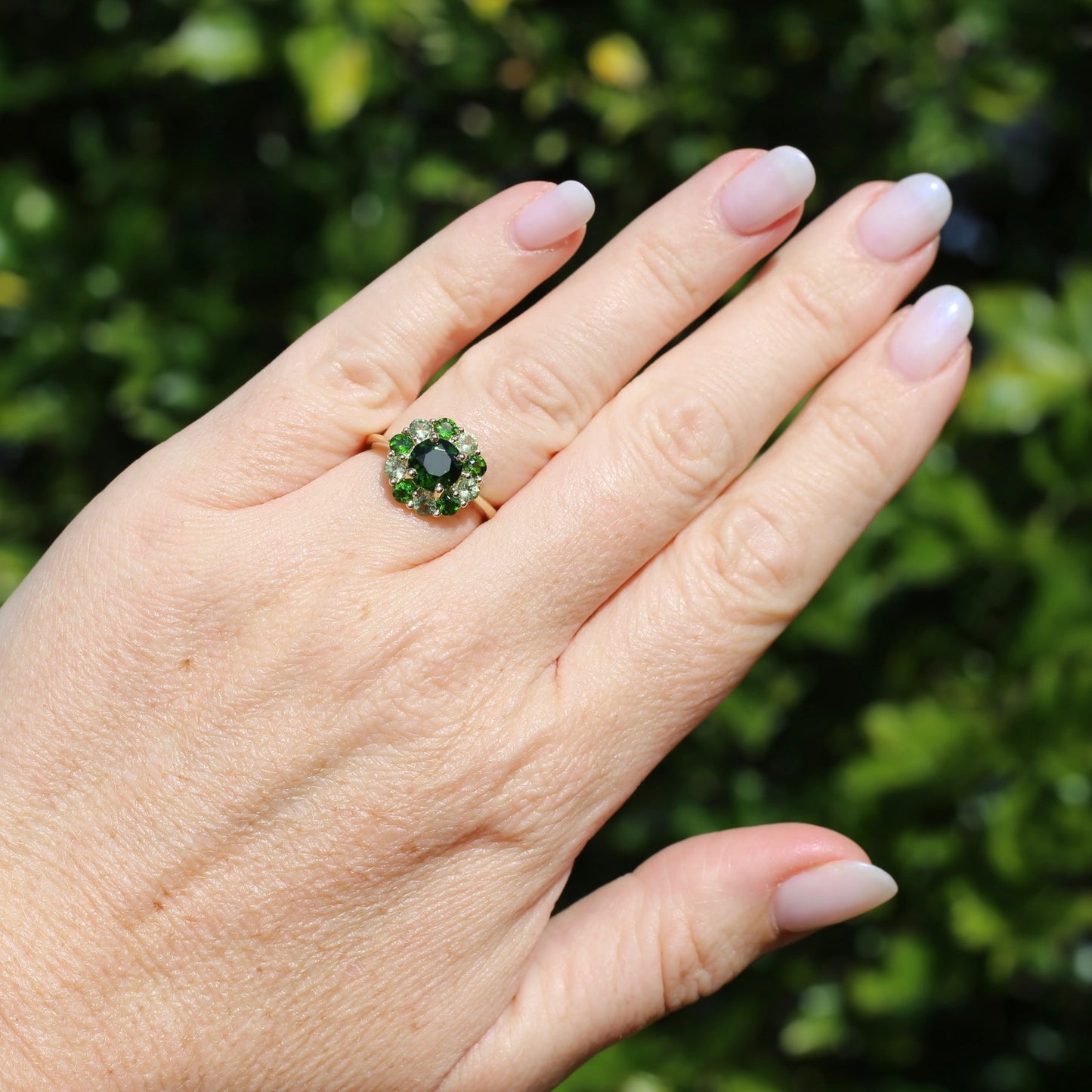 Chrome Diopside and Green Garnet Daisy Cluster Ring, 9ct Yellow Gold, size N1/2 or 7