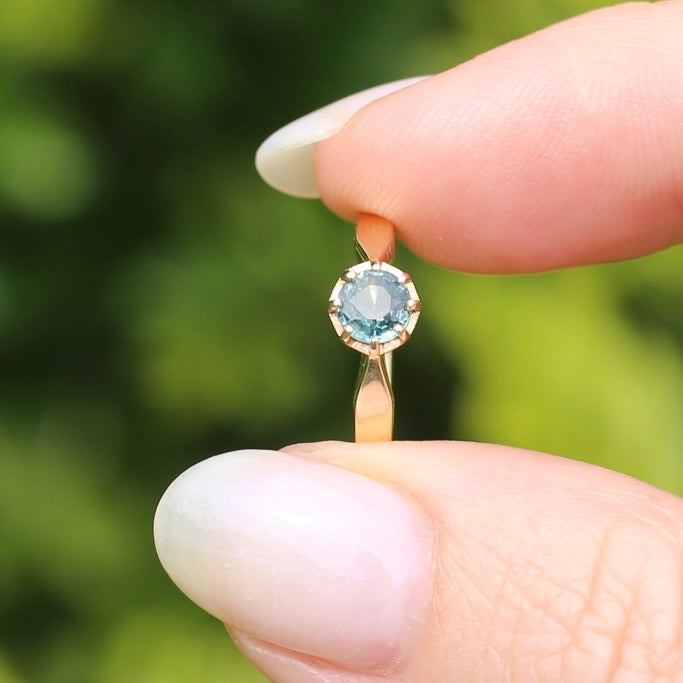 Seafoam Sapphire Solitaire in 8 Claw Setting, 9ct Yellow Gold, size L or just under 5.5