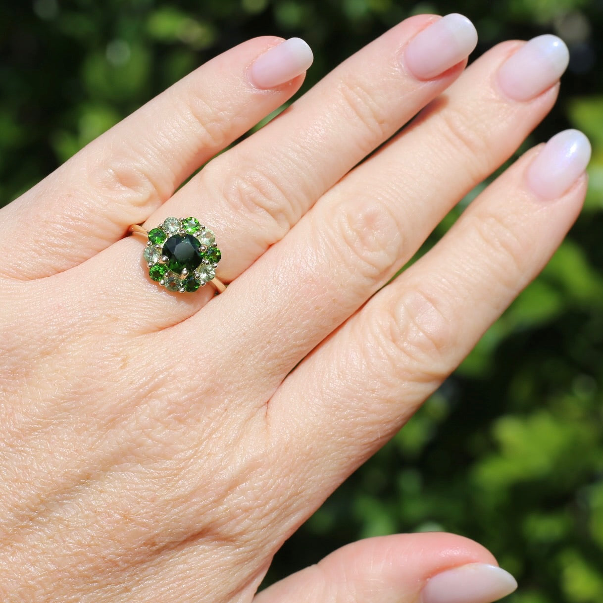 Chrome Diopside and Green Garnet Daisy Cluster Ring, 9ct Yellow Gold, size N1/2 or 7