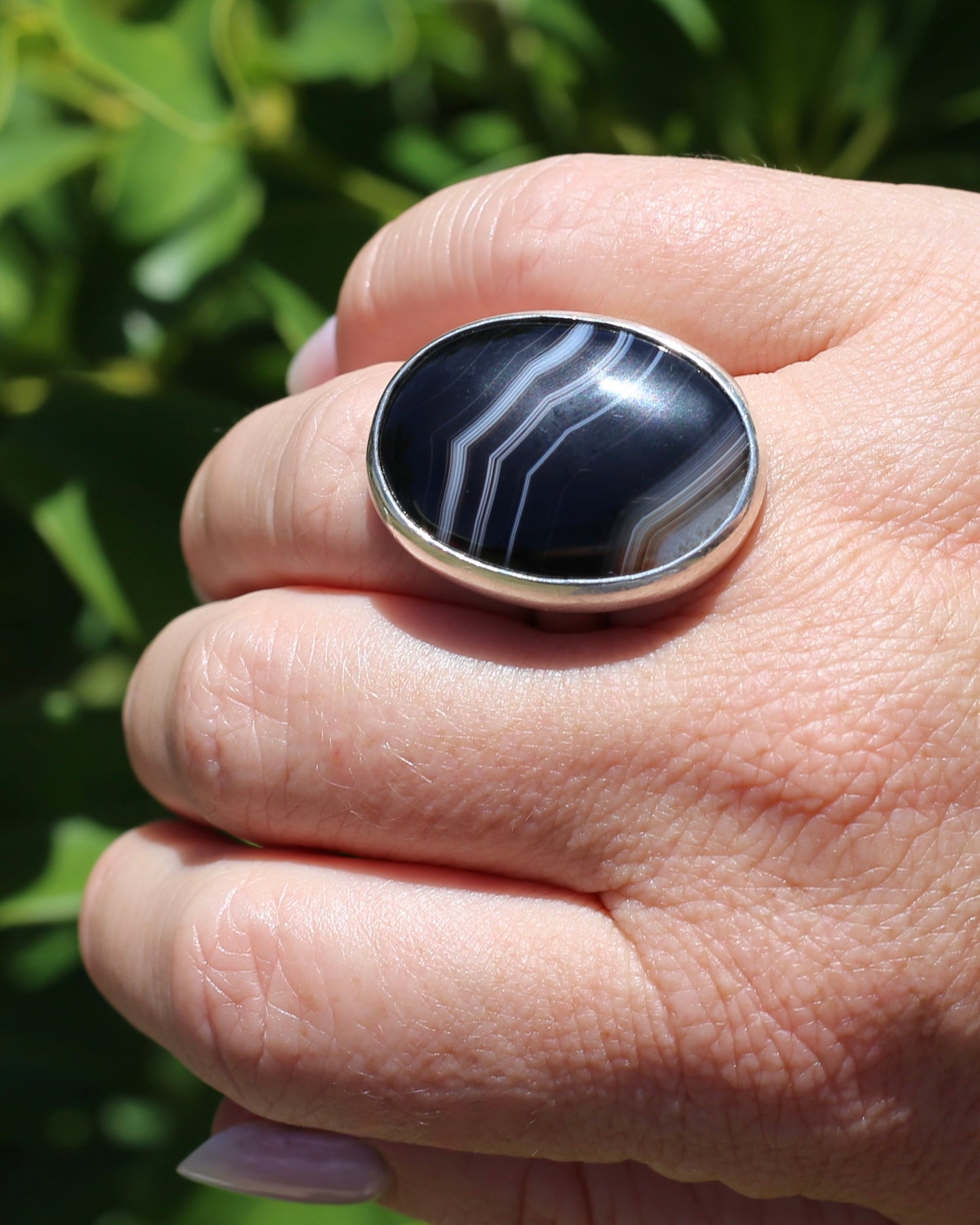 Chunky Bezel Set Natural Banded Agate Ring, Sterling Silver, size R or 8.5 (might feel half a size smaller), 19.7g