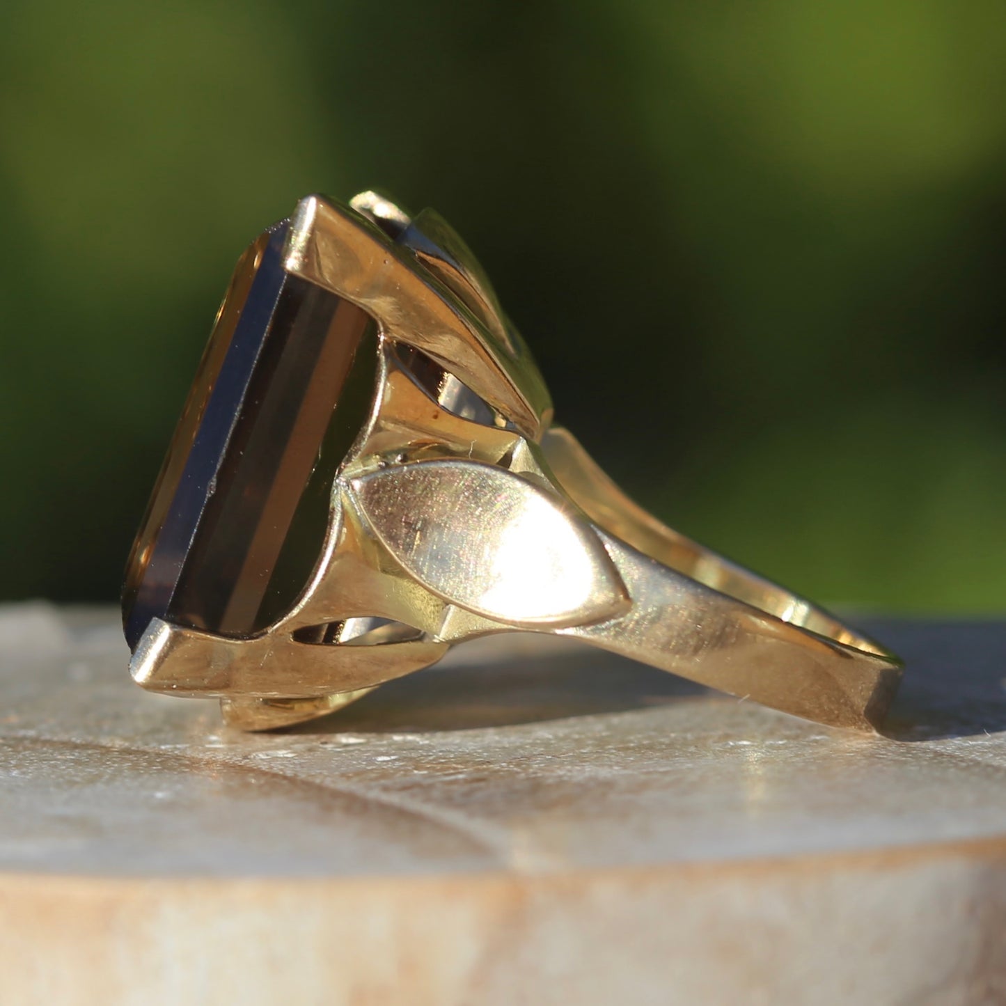 Mid Century 36ct Princess Cut Smoky Quartz Cocktail Ring, 9ct Yellow Gold, size N1/2 or 6.75