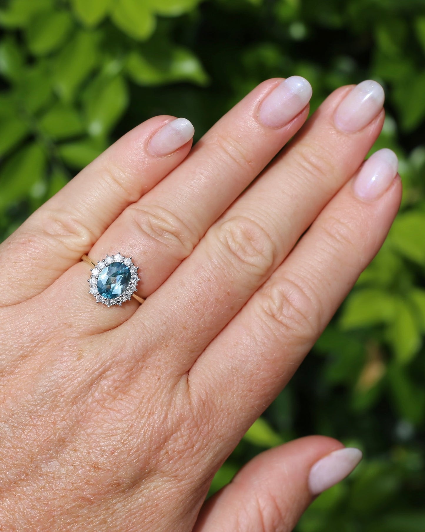 2.79ct Oval Blue Zircon and Diamond Halo, Vintage 9ct White and Yellow Gold, size M1/2 or 6.5