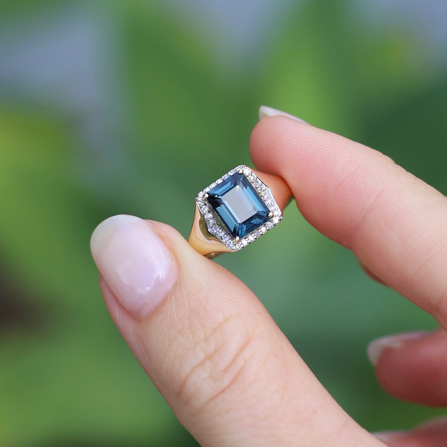 Emerald Cut London Blue Topaz Signet Ring With Diamond Halo, size N or 6.75