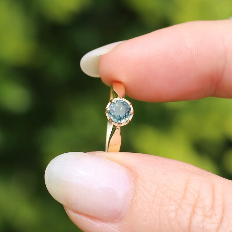 Seafoam Sapphire Solitaire in 8 Claw Setting, 9ct Yellow Gold, size L or just under 5.5